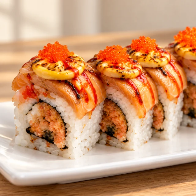 Close view of Flares of Hikari with seared salmon, roe and sauce