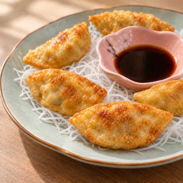 Crisp gyoza on white shredded daikon with a pink dipping bowl