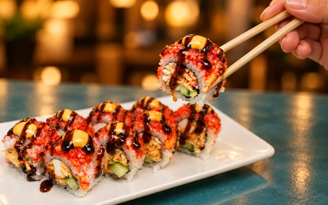Chopsticks lifting a piece of the Hot Cheetos Roll