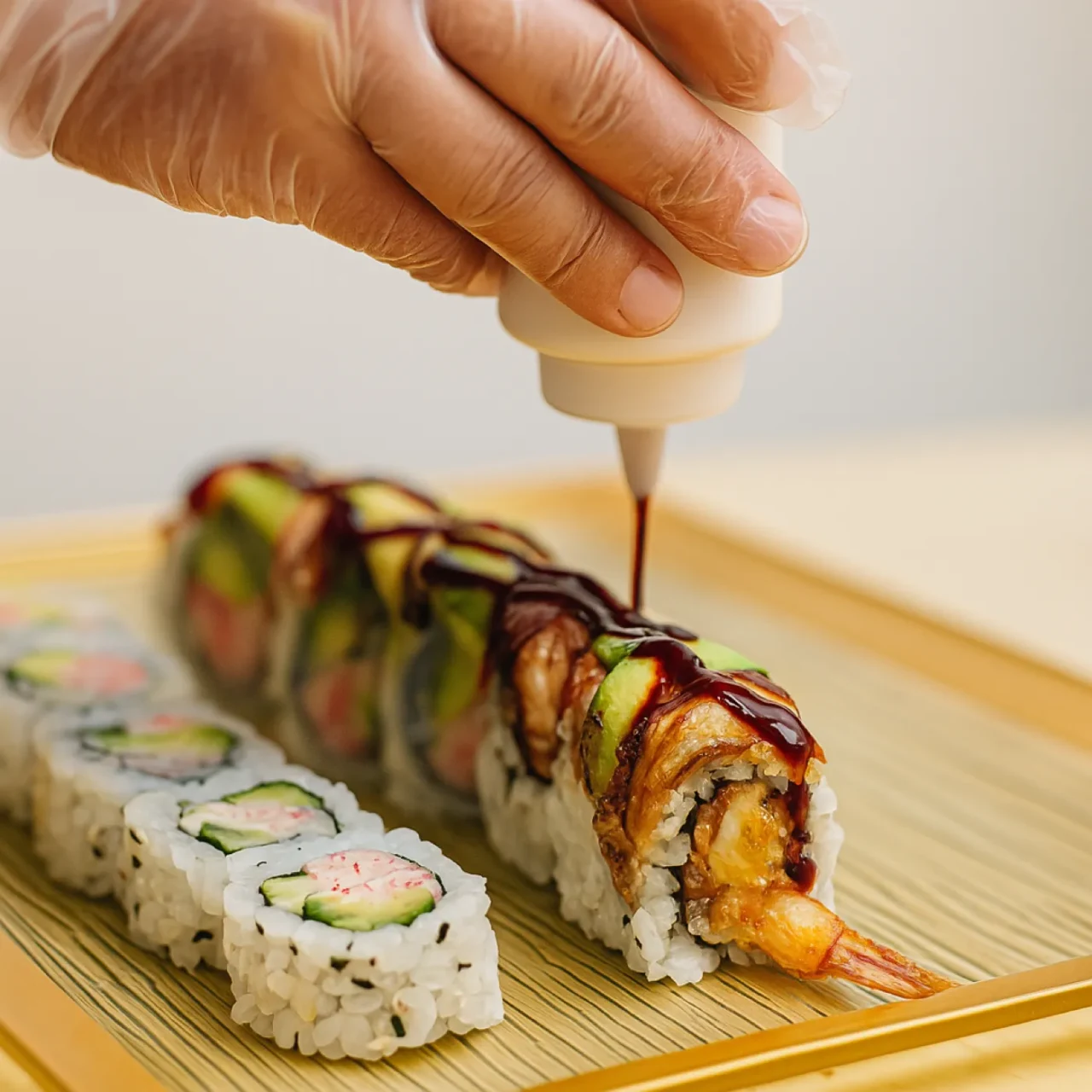 Close-up of sushi rolls being finished with a drizzle of sauce