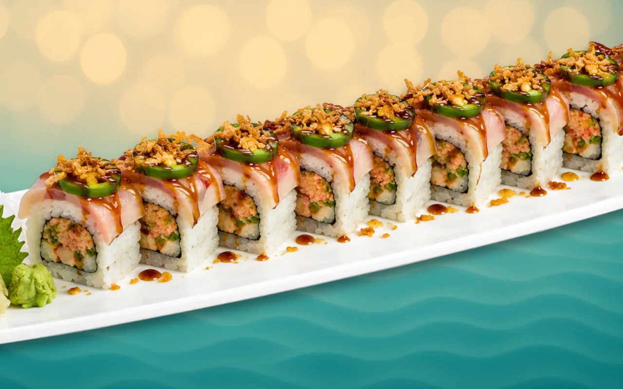Island Heatwave roll with salmon, jalapeño and crunchy toppings, served on a plate