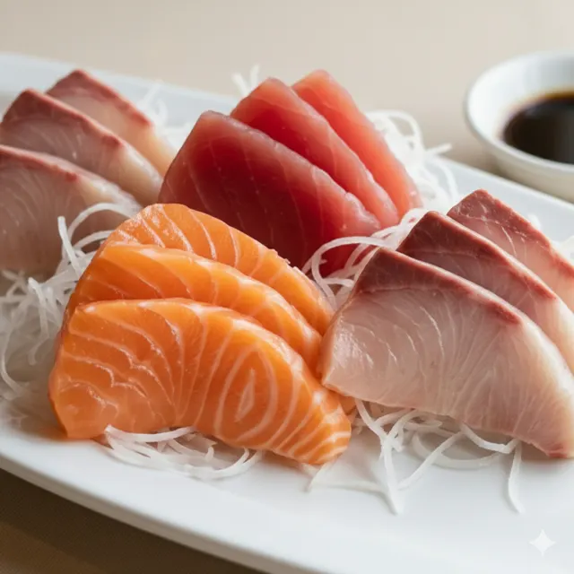 Fresh salmon, tuna and white-fish sashimi arranged by a Hikari chef