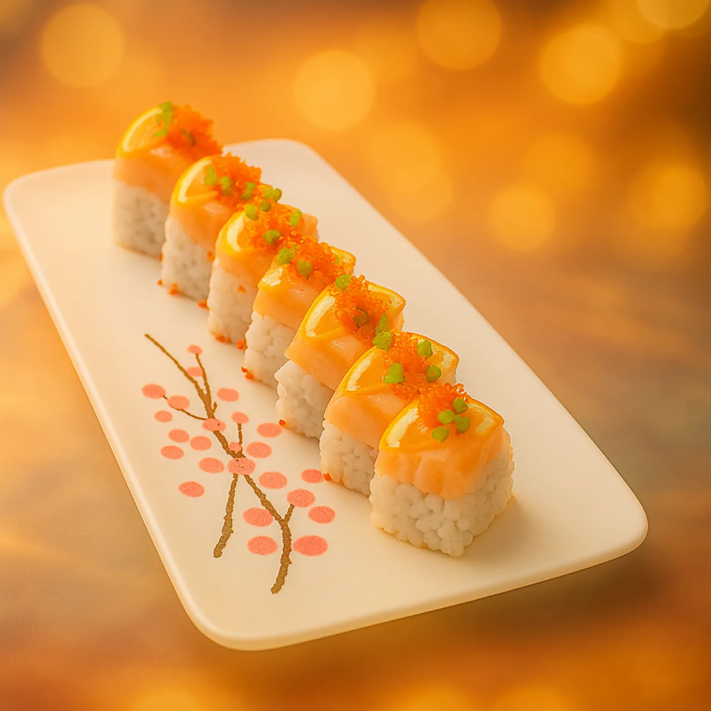 A row of beautifully arranged sushi rolls